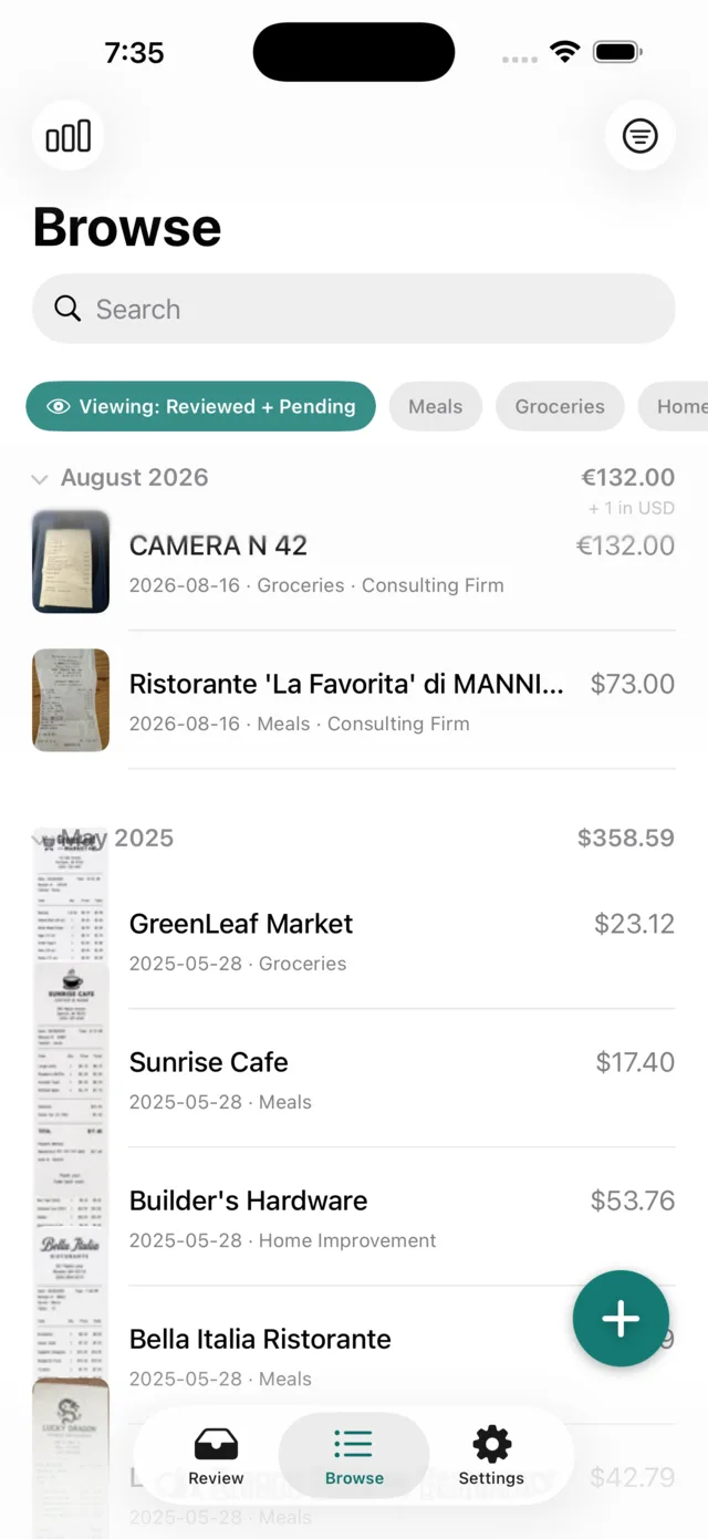 Receipts OnHand on iPhone, showing receipts grouped by month with running subtotals.