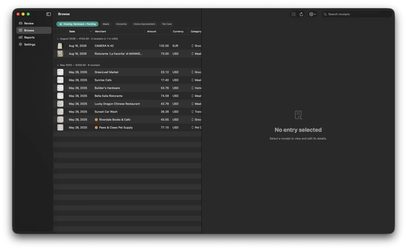 Receipts OnHand on the Mac: the Browse window, receipts listed by month.
