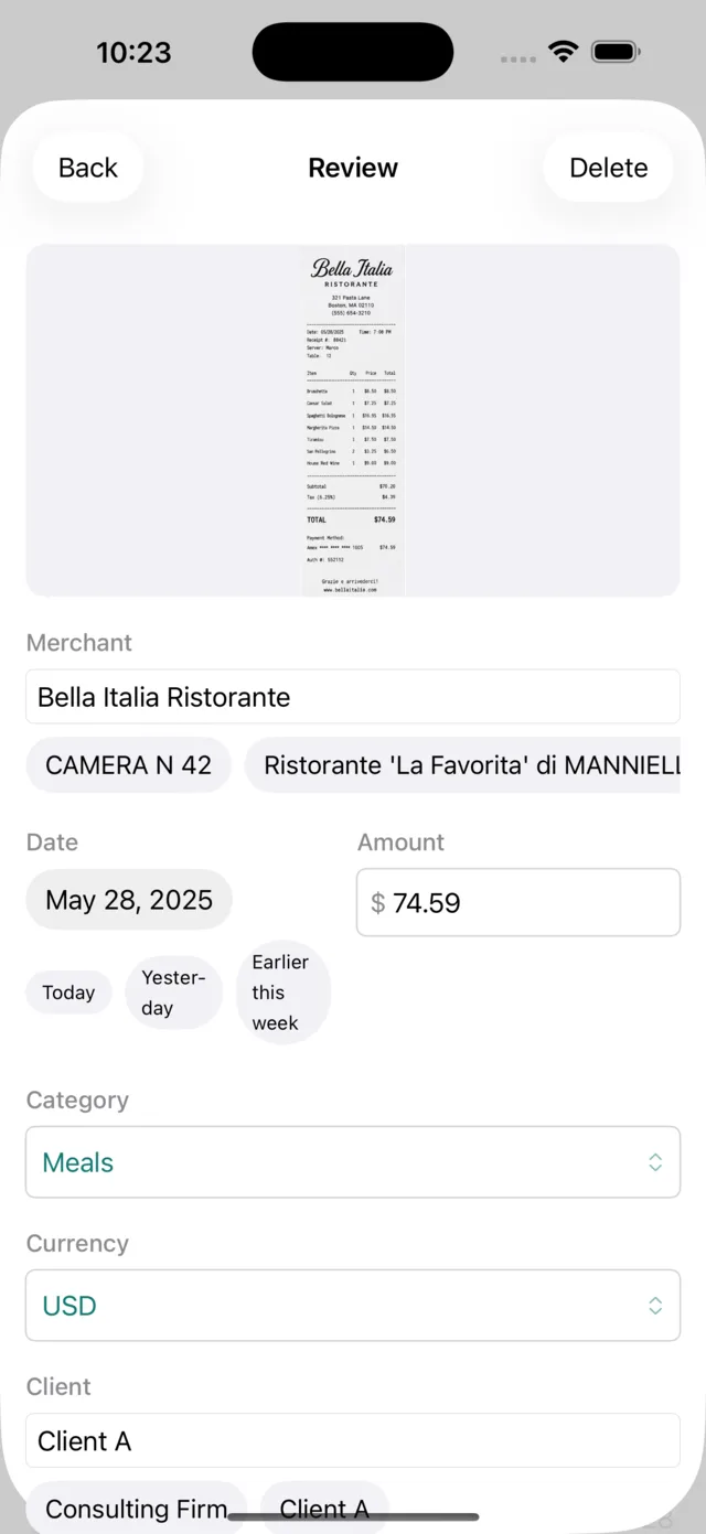 The review screen on iPhone: the receipt photo above editable merchant, date, amount, category, currency and client fields.